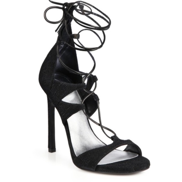 Stuart Weitzman LEGWRAP Black Goose Bump Nappa Leather Heel Wrap sz 8 - Picture 1 of 6